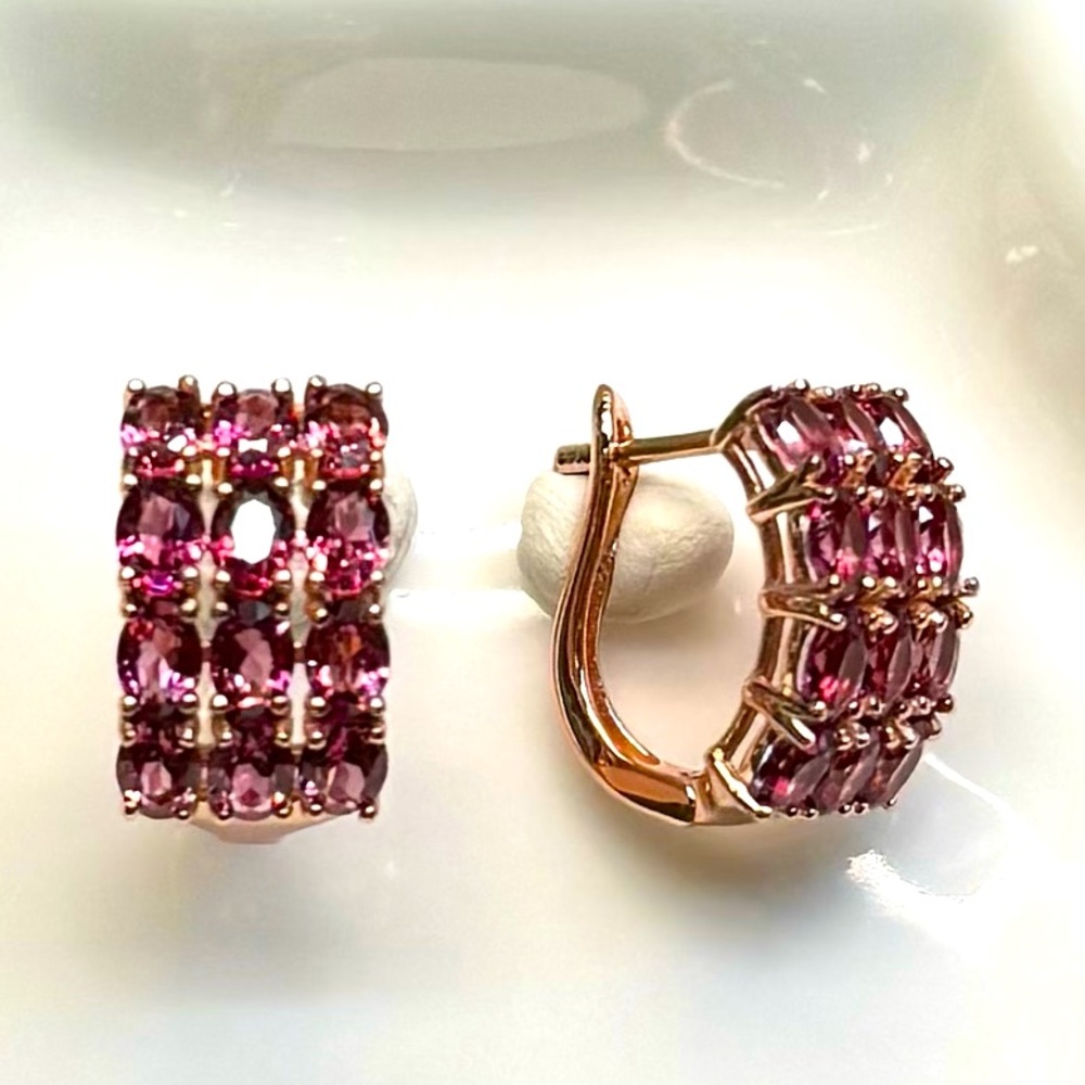 EG12 6.8CT Natural Bohemian Garnet 3 Layer Hoops Earrings 18K Rose Gold S925